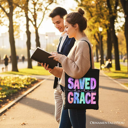 Saved By His Grace Printed Faux Sequin Christian Tote Bag, Religious Love Gift Shopper