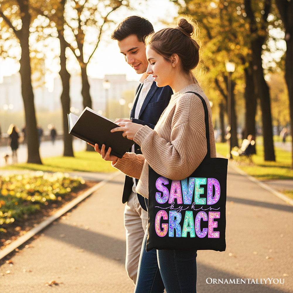 Saved By His Grace Printed Faux Sequin Christian Tote Bag, Religious Love Gift Shopper