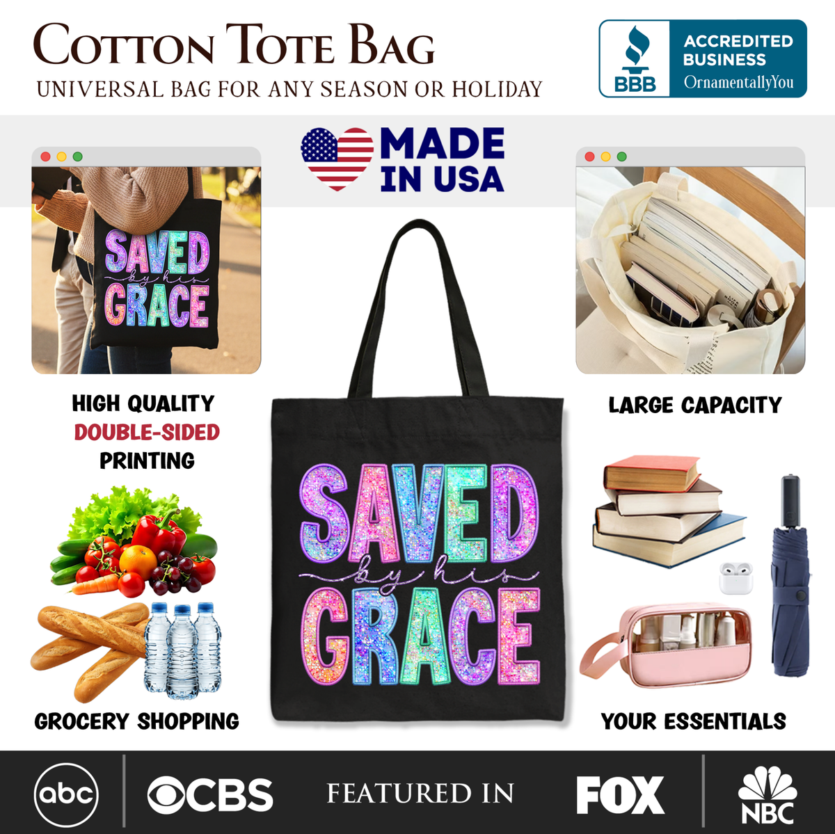 Saved By His Grace Printed Faux Sequin Christian Tote Bag, Religious Love Gift Shopper
