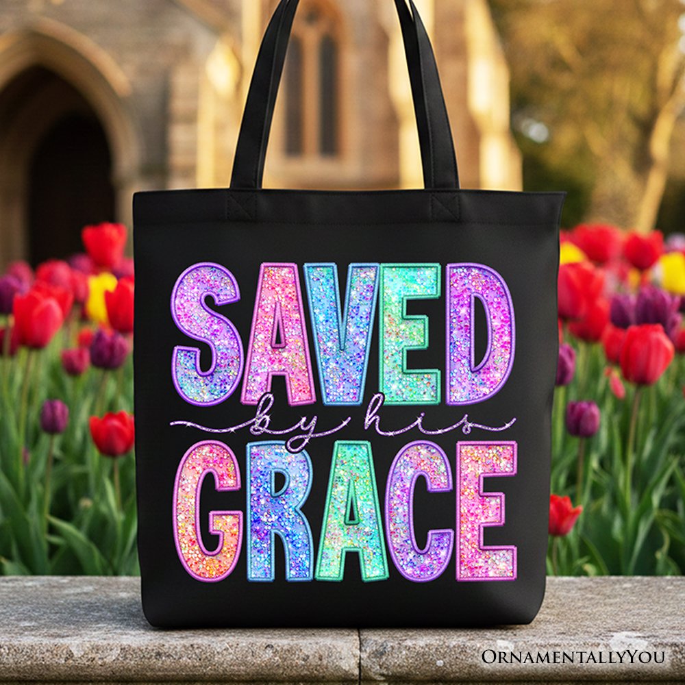 Saved By His Grace Printed Faux Sequin Christian Tote Bag, Religious Love Gift Shopper