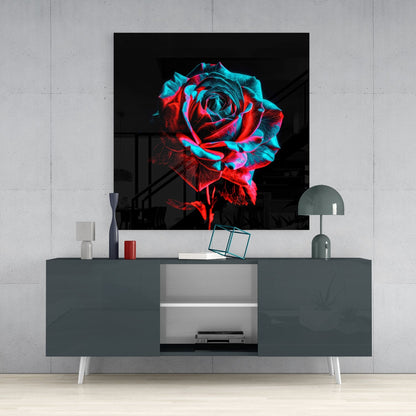 Neon Red Turquoise Rose Glass Wall Art