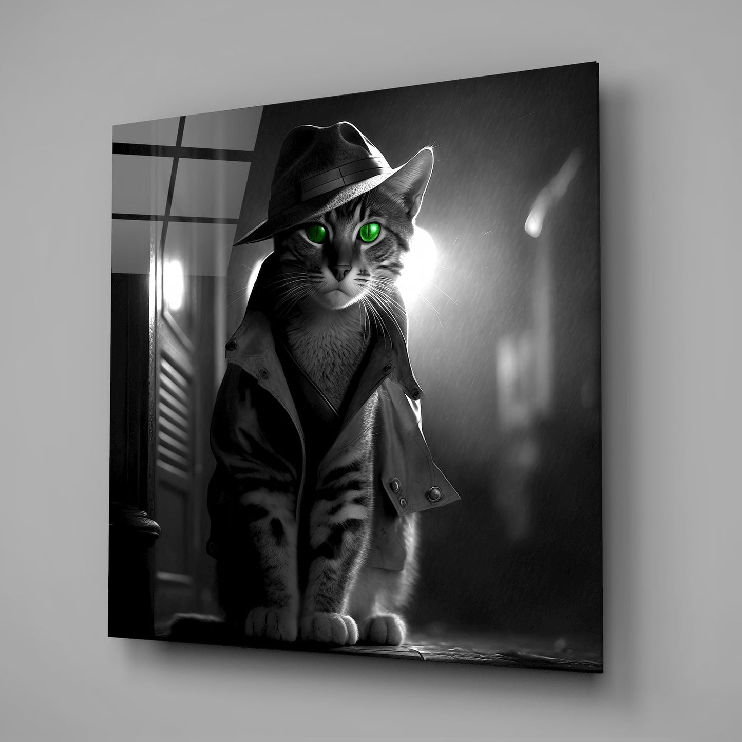 Green Eyed Detective Cat in Trench Coat Glass Wall Art