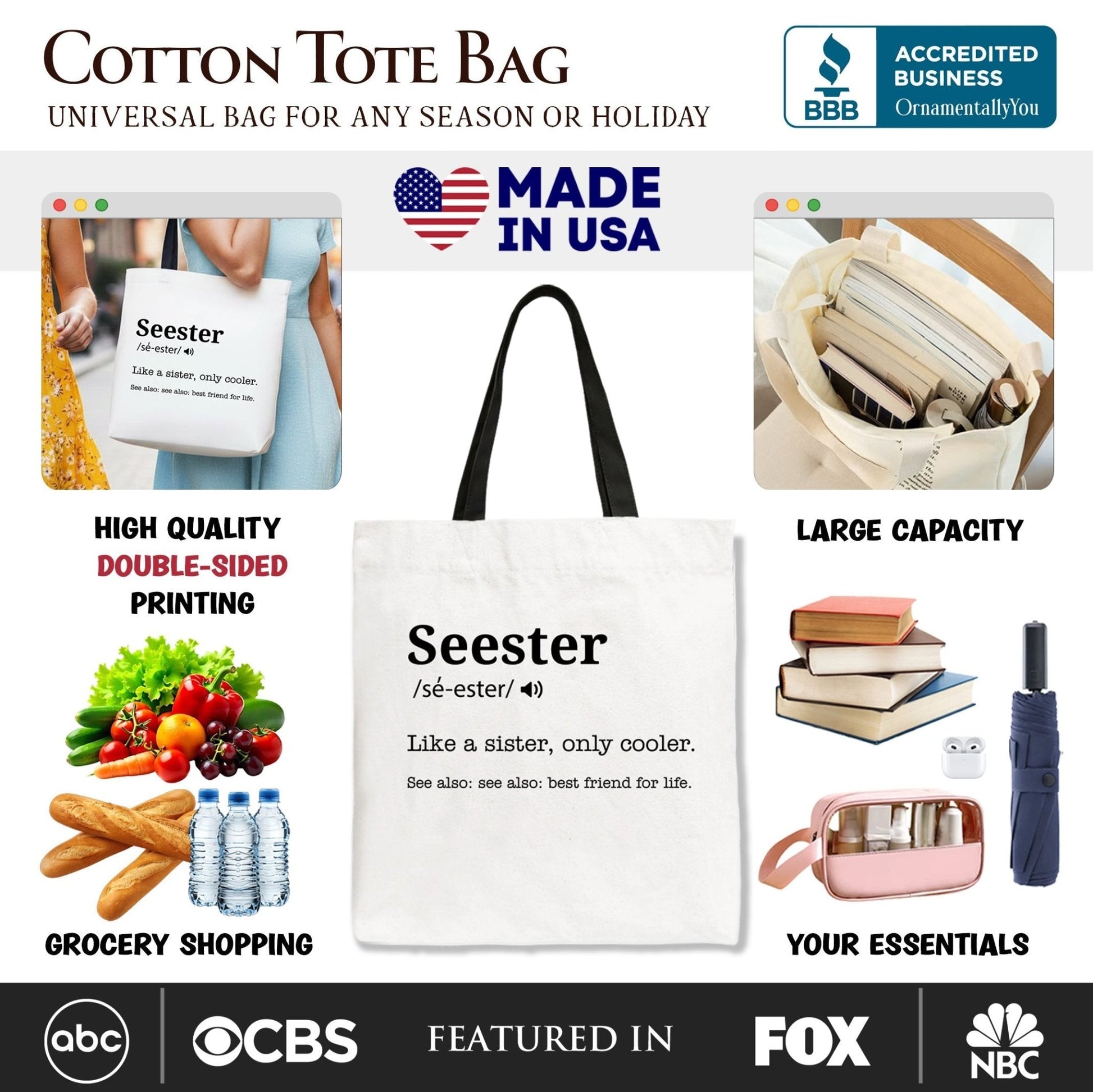 Seester Definition Canvas Tote Bag, Funny Gift Shopper for Cool and Close Sisters