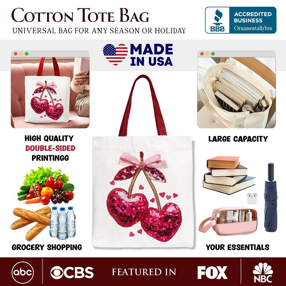 Sequin Pink Cherry Heart Canvas Tote Bag, Valentine Coquette Trendy Women Gift