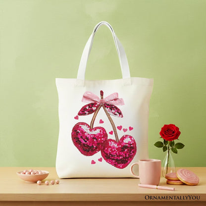 Sequin Pink Cherry Heart Canvas Tote Bag, Valentine Coquette Trendy Women Gift