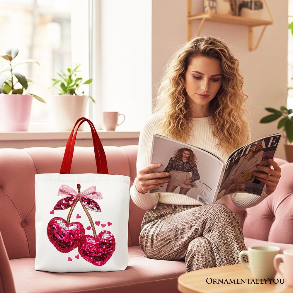 Sequin Pink Cherry Heart Canvas Tote Bag, Valentine Coquette Trendy Women Gift