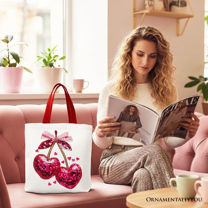 Sequin Pink Cherry Heart Canvas Tote Bag, Valentine Coquette Trendy Women Gift