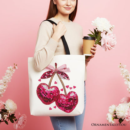 Sequin Pink Cherry Heart Canvas Tote Bag, Valentine Coquette Trendy Women Gift
