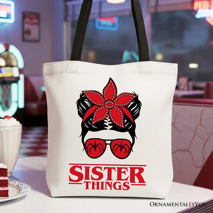 Sister Things Messy Bun Retro Canvas Tote Bag, Red Bandana Glasses Family Matching Gift Shopper