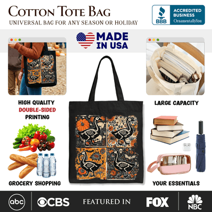 Skeleton Goose Patchwork Tote Bag, Floral Halloween Gift Shopper for The Spooky Season