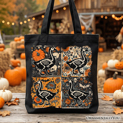 Skeleton Goose Patchwork Tote Bag, Floral Halloween Gift Shopper for The Spooky Season