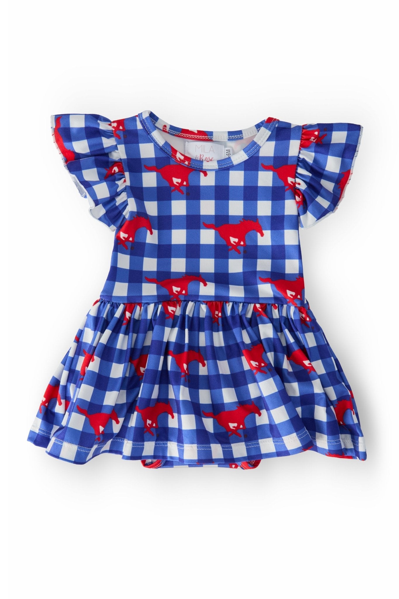 SMU Plaid Mustang S/S Flutter Twirl Bodysuit