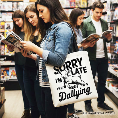 Sorry I'm Late Funny Lamb Tote Bag, Retro Dilly Dallying Gift Shopper for Quirky Women - Shaketea