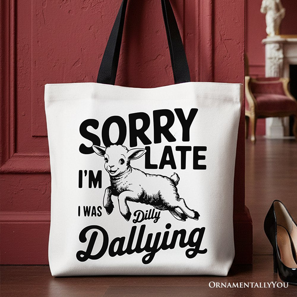 Sorry I'm Late Funny Lamb Tote Bag, Retro Dilly Dallying Gift Shopper for Quirky Women - Shaketea