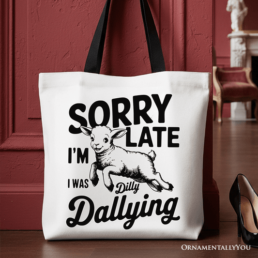 Sorry I'm Late Funny Lamb Tote Bag, Retro Dilly Dallying Gift Shopper for Quirky Women