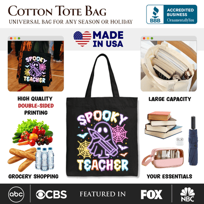 Spooky Teacher Neon Ghost Tote Bag, Retro Halloween Gift Shopper for Educators