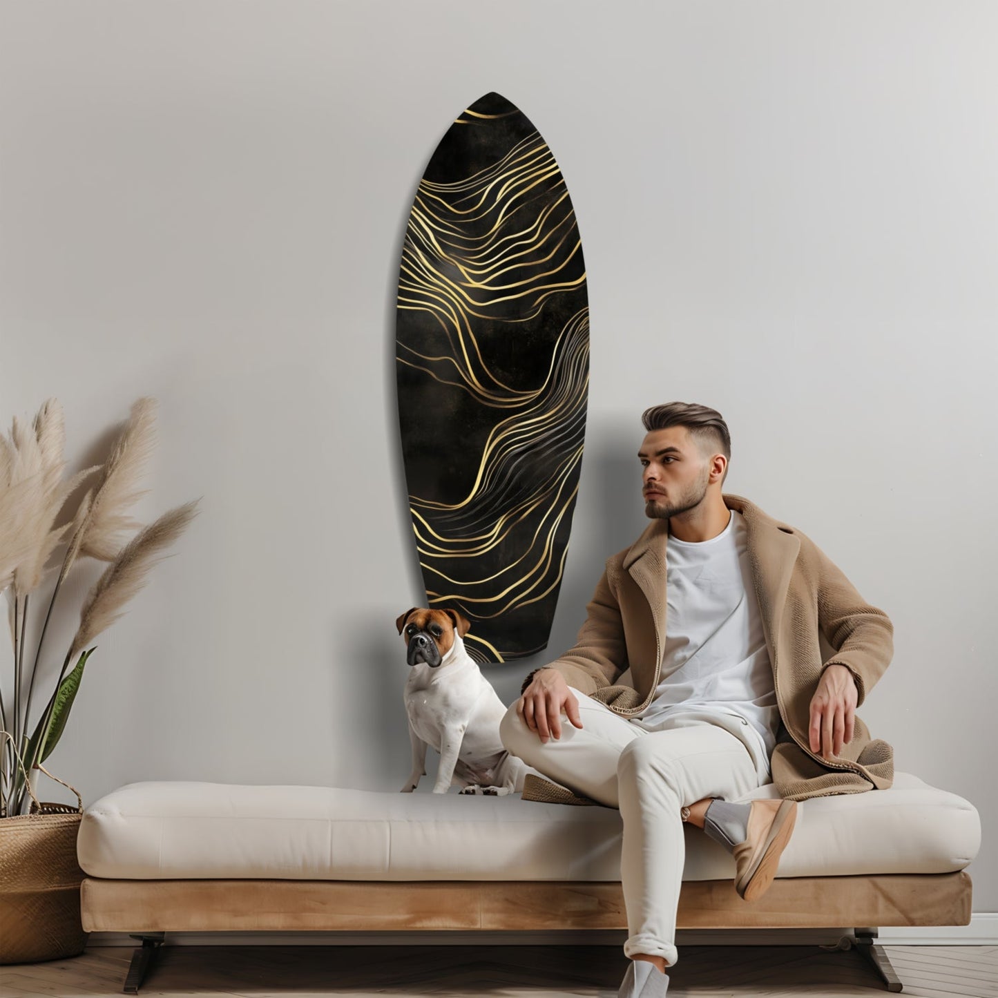 Surfboard Shaped Flowing Line Golden Waves Glass Wall Art