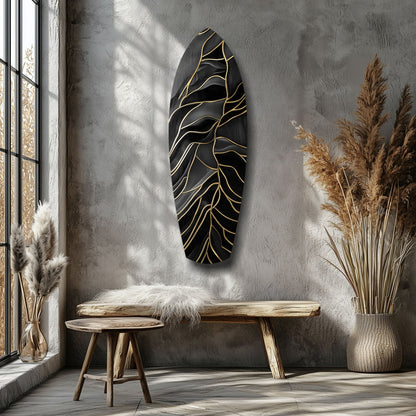 Surfboard Shaped Leaf Vein Golden Waves Glass Wall Art