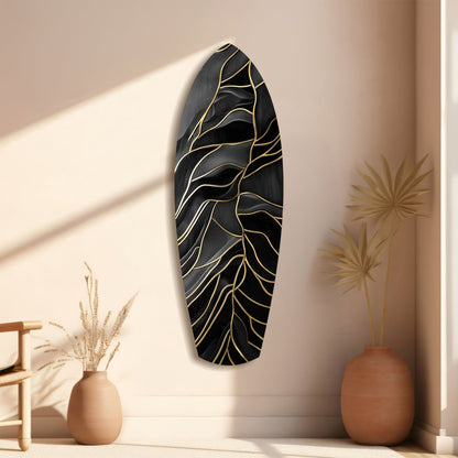 Surfboard Shaped Leaf Vein Golden Waves Glass Wall Art