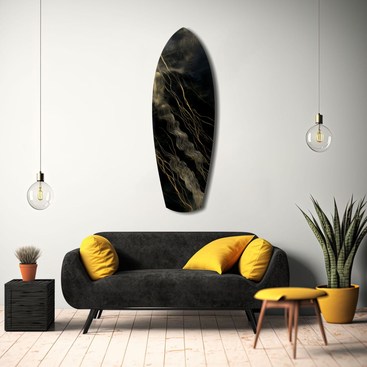 Surfboard Shaped Diagonal Streak Golden Waves Glass Wall Art