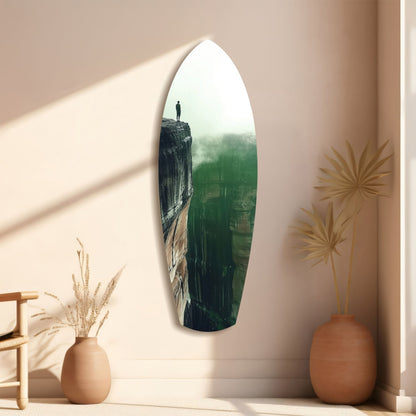 Green Mist Cliff Edge Lone Figure Glass Wall Art