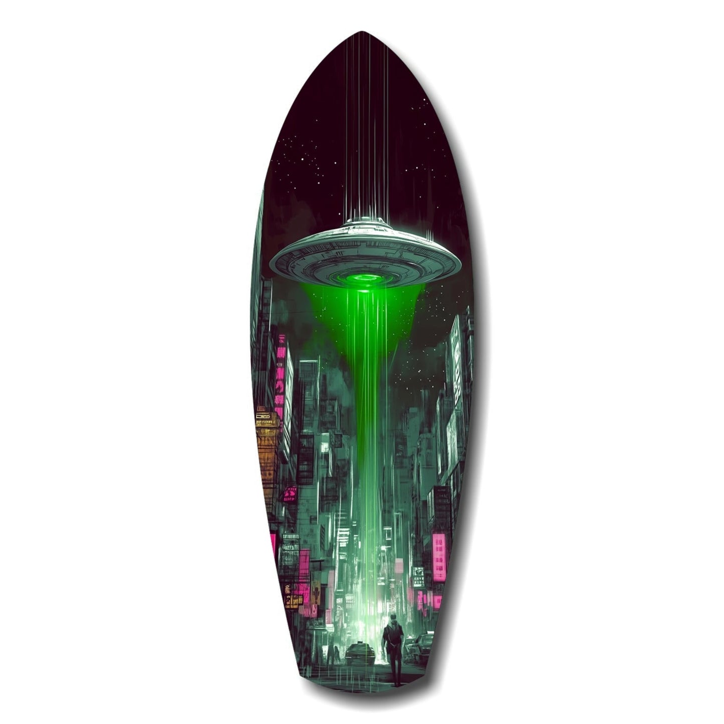 Green Beam UFO Over Neon City Glass Wall Art