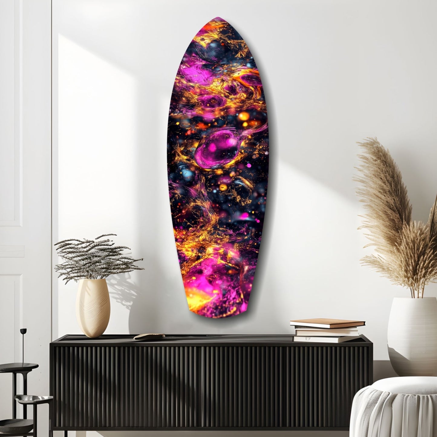 Magenta Gold Cosmic Bubbles Surfboard Glass Wall Art