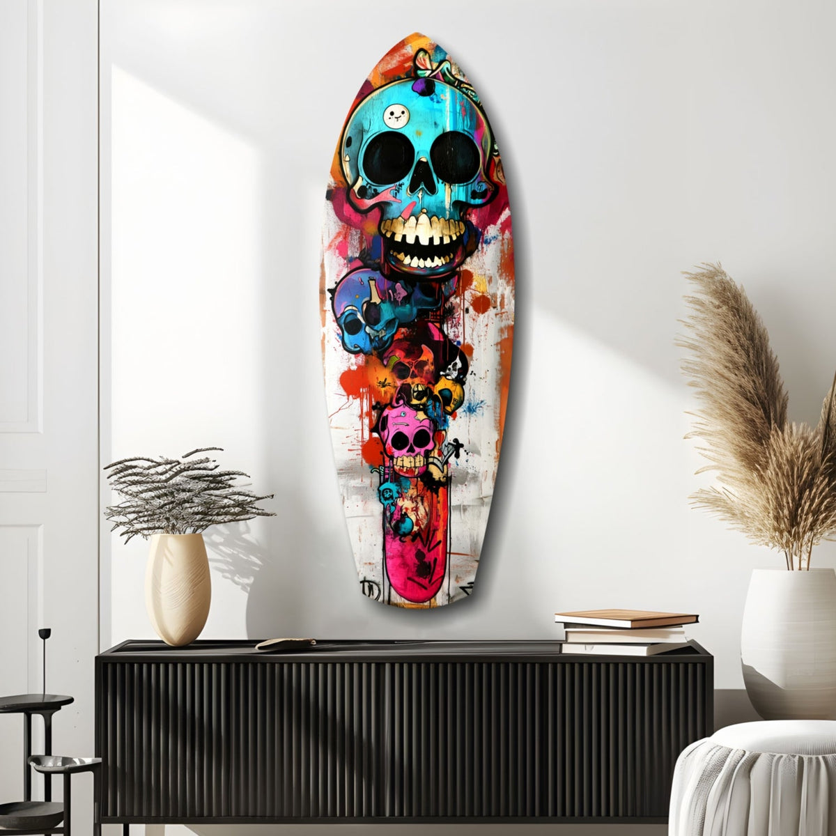 Turquoise Grin Skull Graffiti Surfboard Glass Wall Art