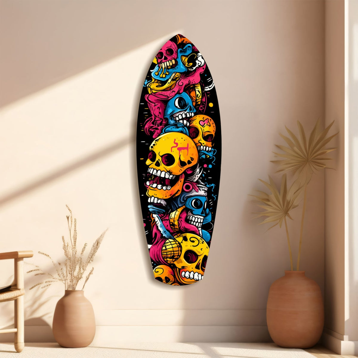 Stacked Yellow Cartoon Skulls Surfboard Glass Wall Art