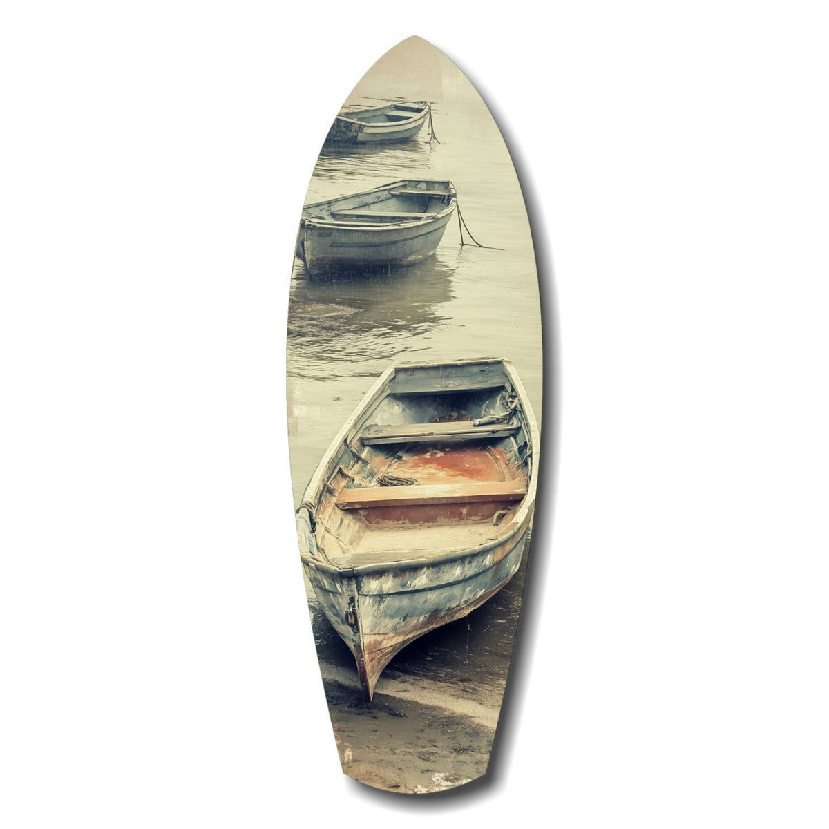 Moored Rowboats on Misty Shore Glass Wall Art