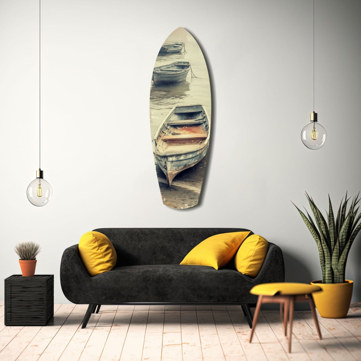 Moored Rowboats on Misty Shore Glass Wall Art