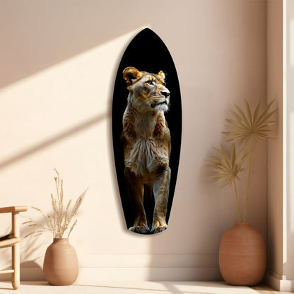 Standing Lioness Golden Portrait Glass Wall Art