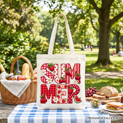 Strawberry Cherry Printed Faux Patchwork Tote Bag, Summer Fruit Picnic Gift Shopper