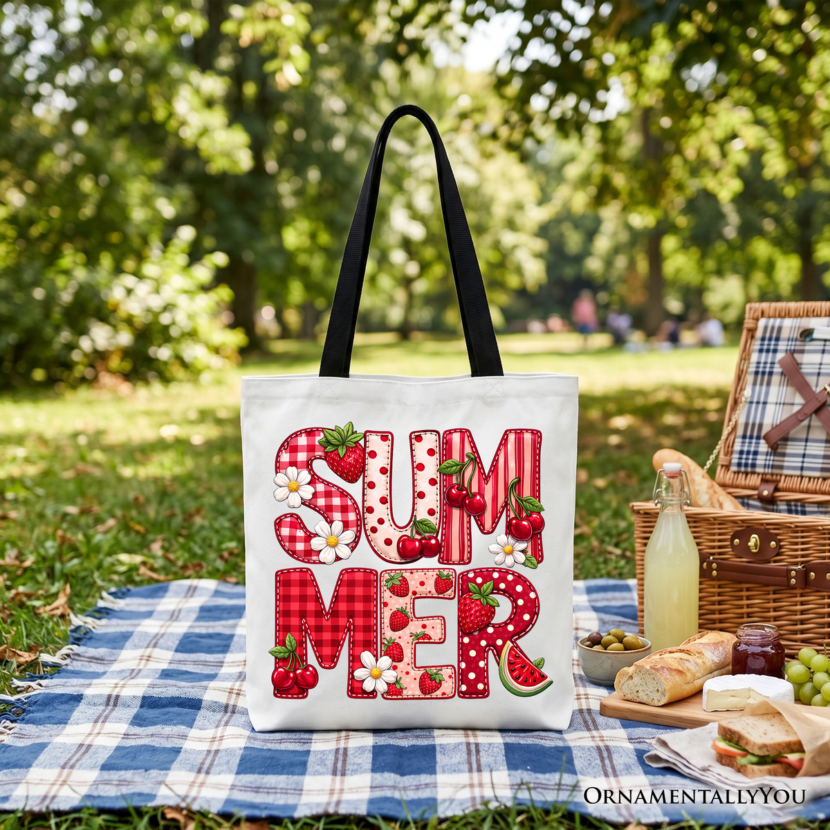 Strawberry Cherry Printed Faux Patchwork Tote Bag, Summer Fruit Picnic Gift Shopper