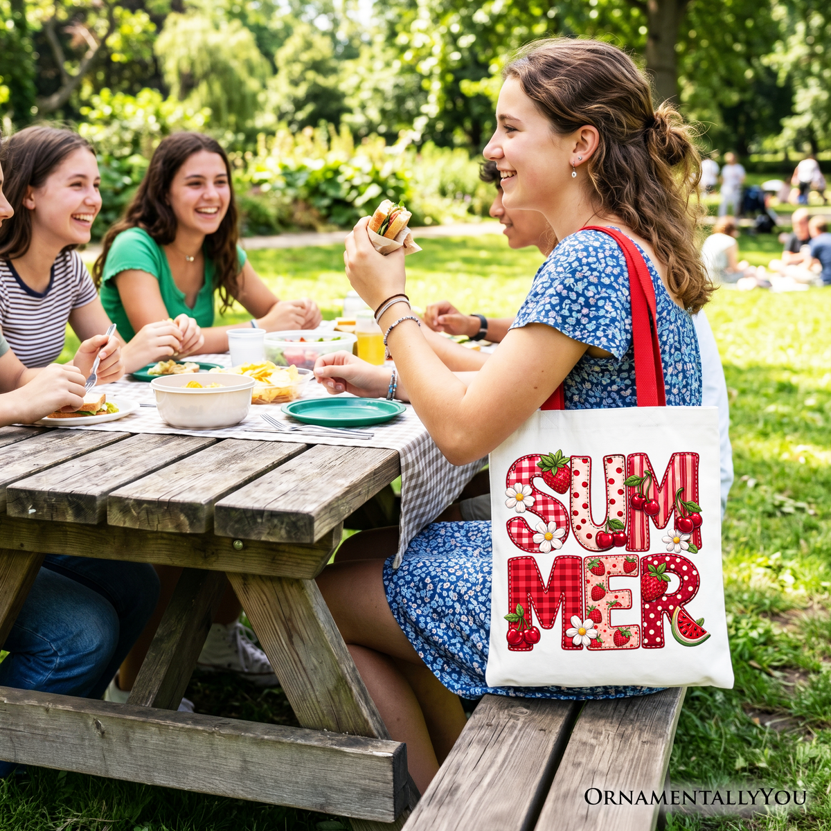 Strawberry Cherry Printed Faux Patchwork Tote Bag, Summer Fruit Picnic Gift Shopper