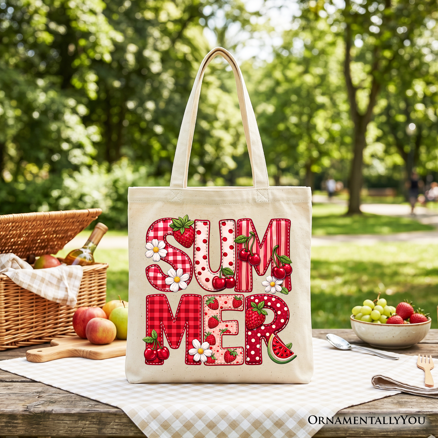 Strawberry Cherry Printed Faux Patchwork Tote Bag, Summer Fruit Picnic Gift Shopper