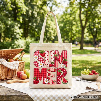 Strawberry Cherry Printed Faux Patchwork Tote Bag, Summer Fruit Picnic Gift Shopper