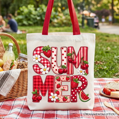 Strawberry Cherry Printed Faux Patchwork Tote Bag, Summer Fruit Picnic Gift Shopper