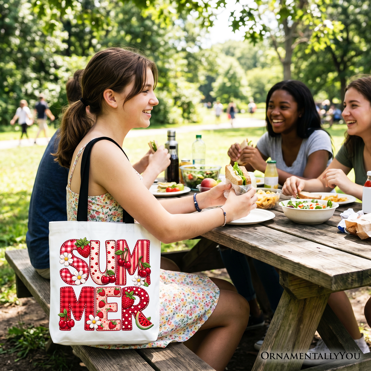 Strawberry Cherry Printed Faux Patchwork Tote Bag, Summer Fruit Picnic Gift Shopper