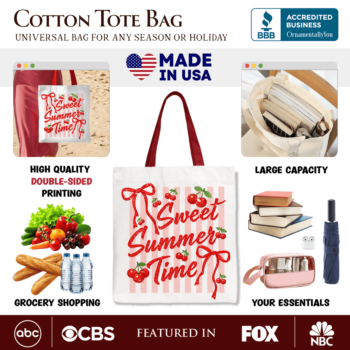 Striped Cherry Sweet Summer Time Tote Bag, Coquette Vacation Gift Shopper