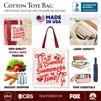 Striped Cherry Sweet Summer Time Tote Bag, Coquette Vacation Gift Shopper