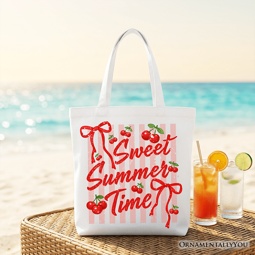 Striped Cherry Sweet Summer Time Tote Bag, Coquette Vacation Gift Shopper