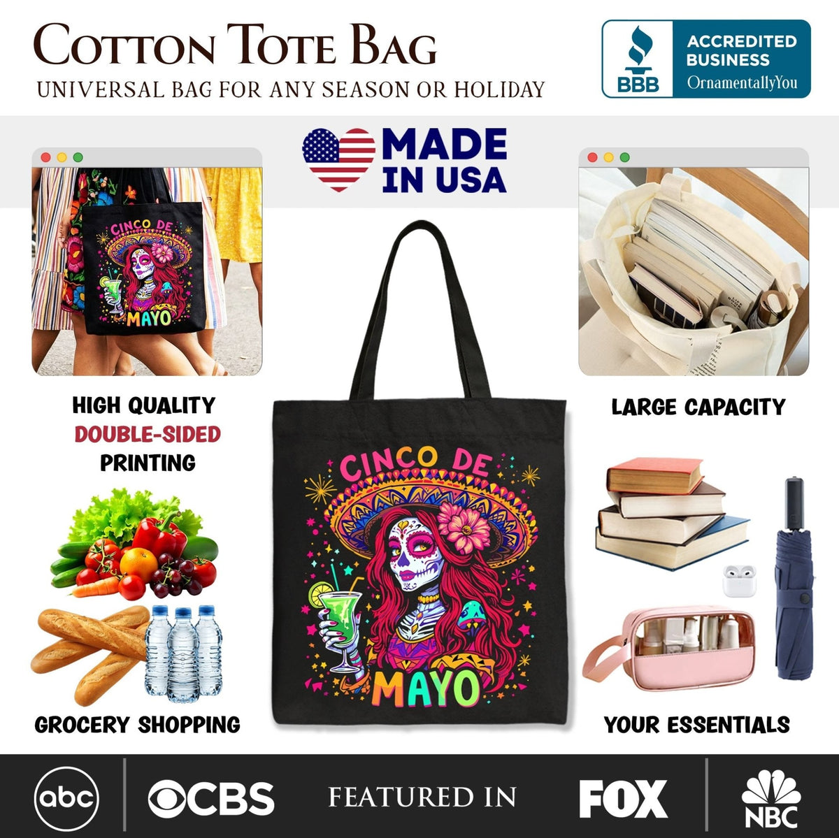 Sugar Skull Girl Cinco De Mayo Tote Bag, Mexican Margarita Sombrero Gift Shopper