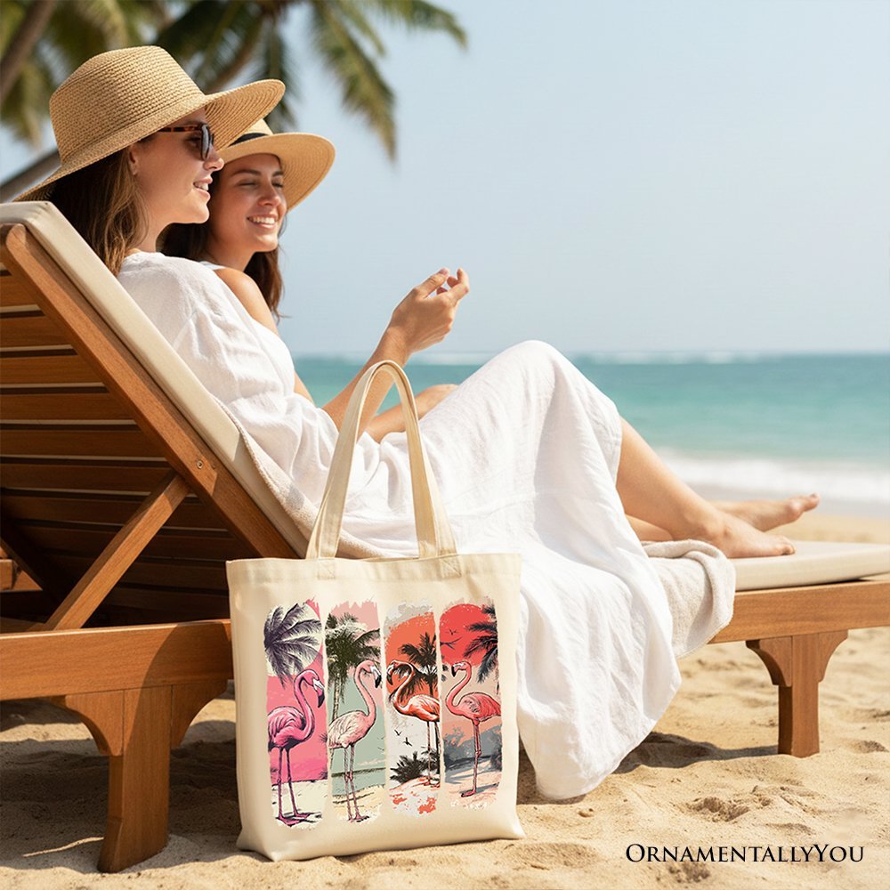 Summer Flamingo Beach Canvas Tote Bag, Retro Vacation Tropical Sunset Gift Shopper