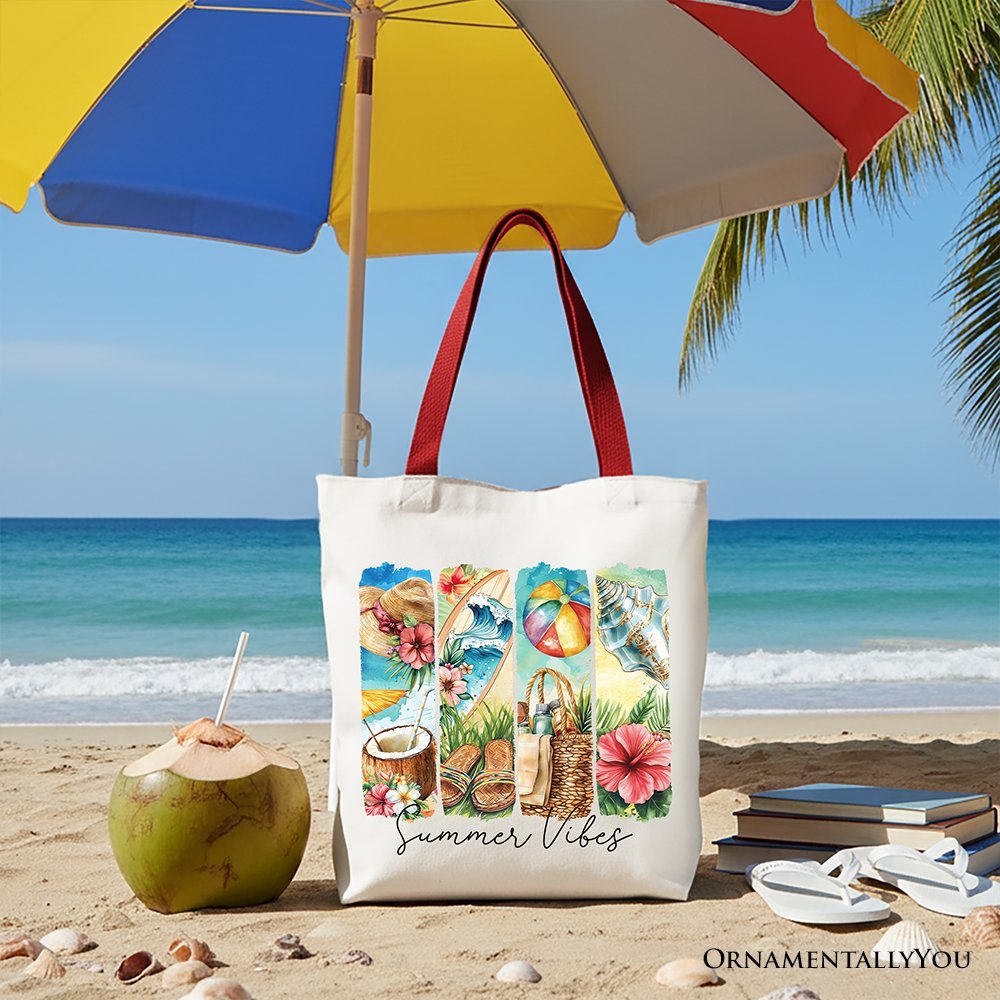Summer Vibes Canvas Tote Bag, Beach Gift Shopper with Coconut and Flowers
