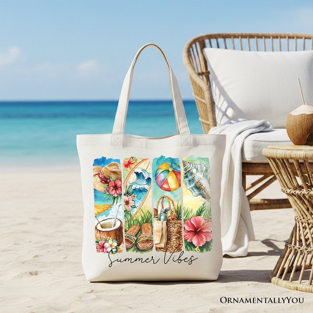 Summer Vibes Canvas Tote Bag, Beach Gift Shopper with Coconut and Flowers