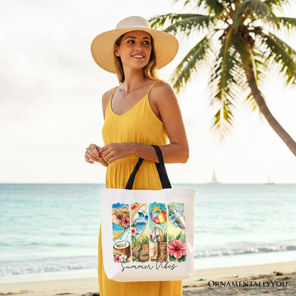 Summer Vibes Canvas Tote Bag, Beach Gift Shopper with Coconut and Flowers
