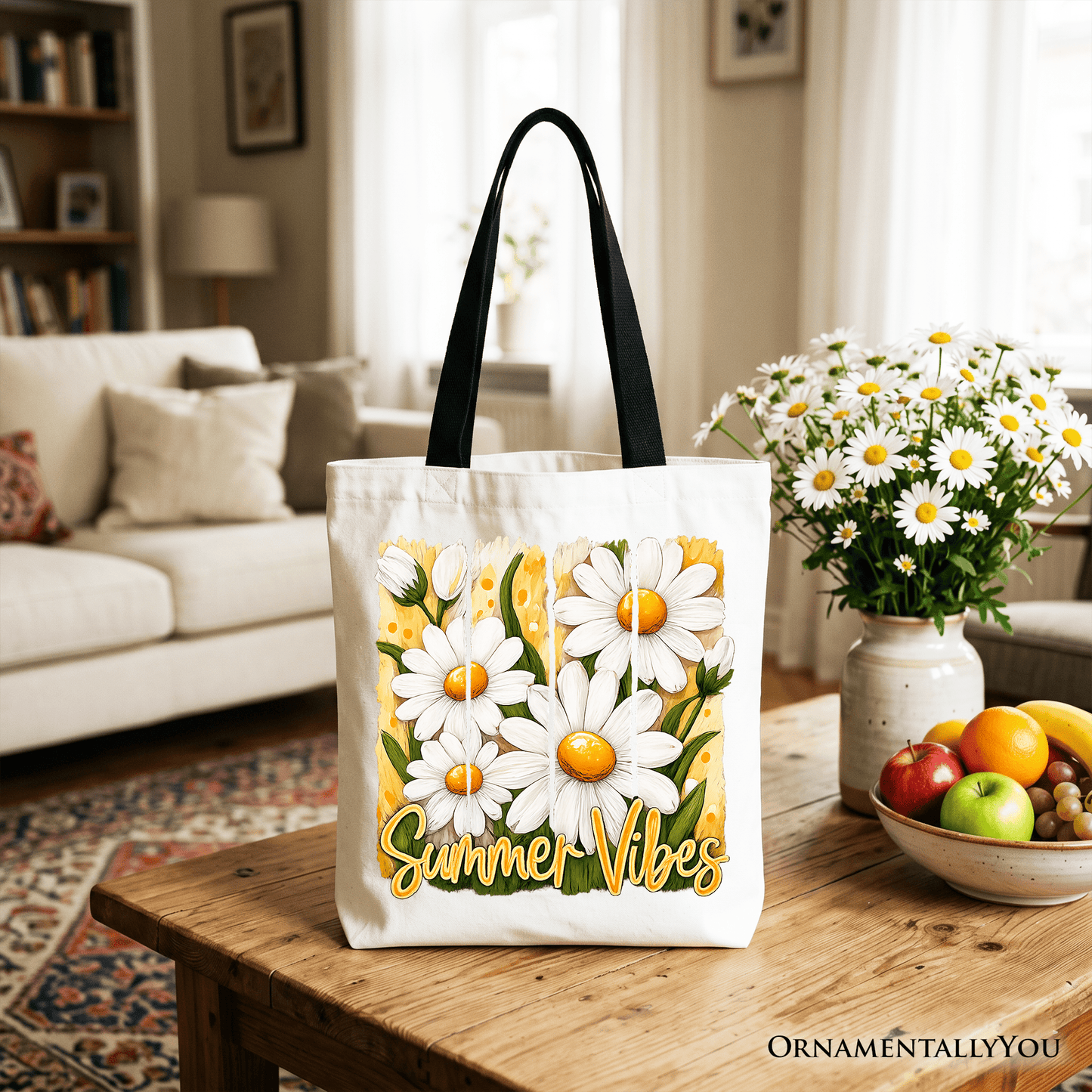 Summer Vibes Daisy Brushstroke Flowers Tote Bag, Aesthetic Gift Shopper