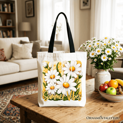 Summer Vibes Daisy Brushstroke Flowers Tote Bag, Aesthetic Gift Shopper
