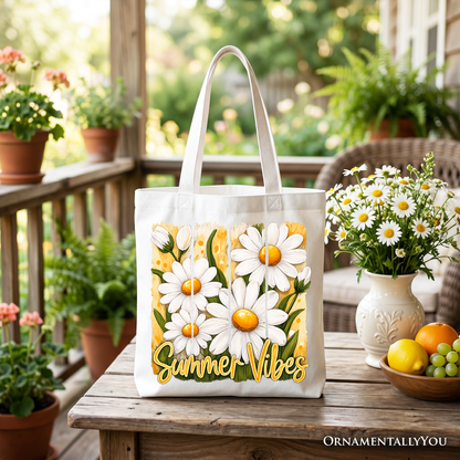 Summer Vibes Daisy Brushstroke Flowers Tote Bag, Aesthetic Gift Shopper